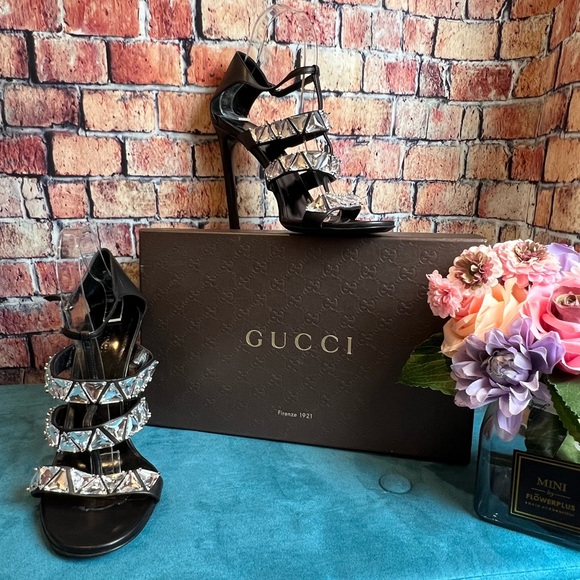 Gucci Shoes - GUCCI Pierre Lumiere/N Charlotte Black Nappa Leather Crystal Sandal Pumps